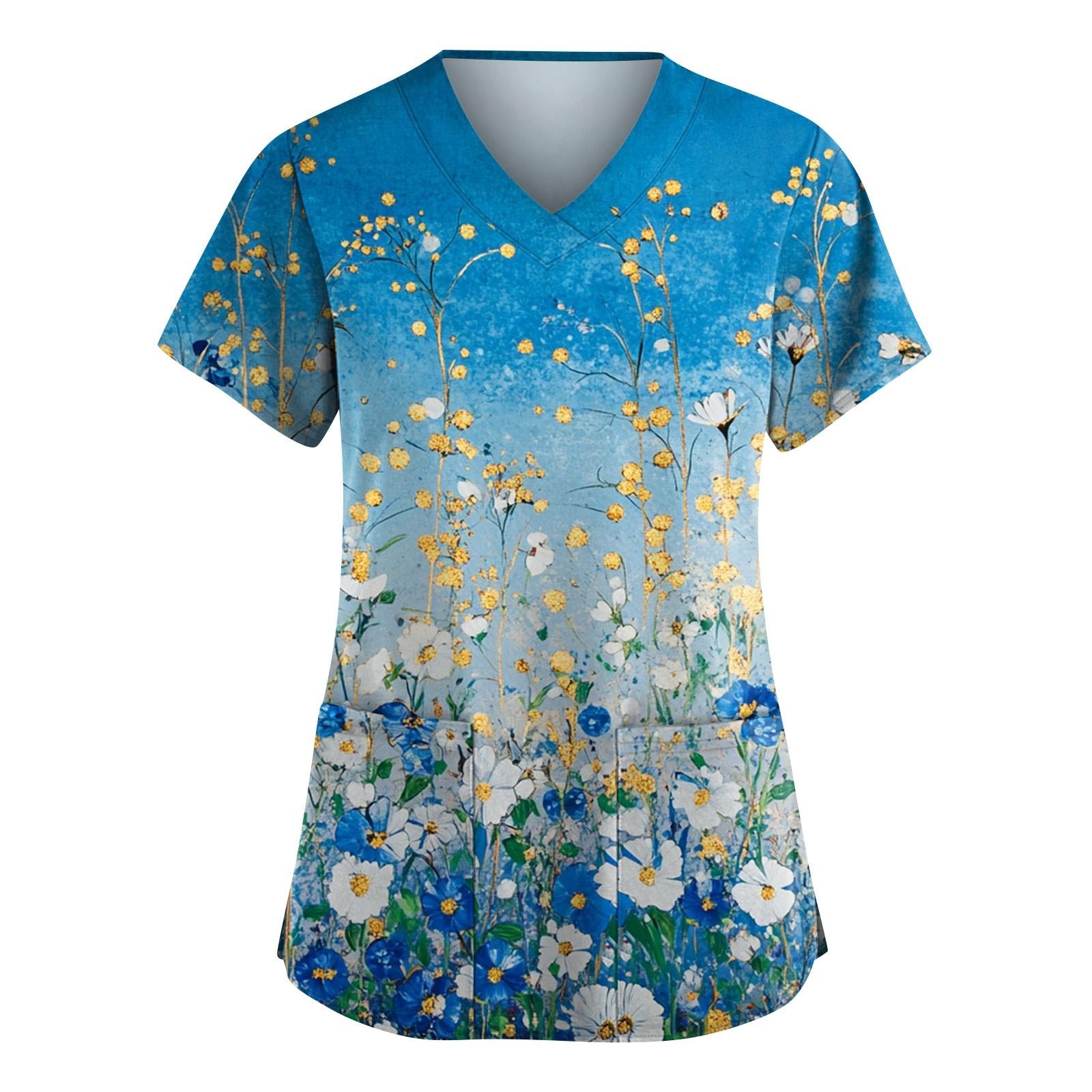 

Женская мода с коротким рукавом, мода, винтажный цветочный принт, V-образный вырез, карман, рабочая одежда, топы XL небесно-голубой