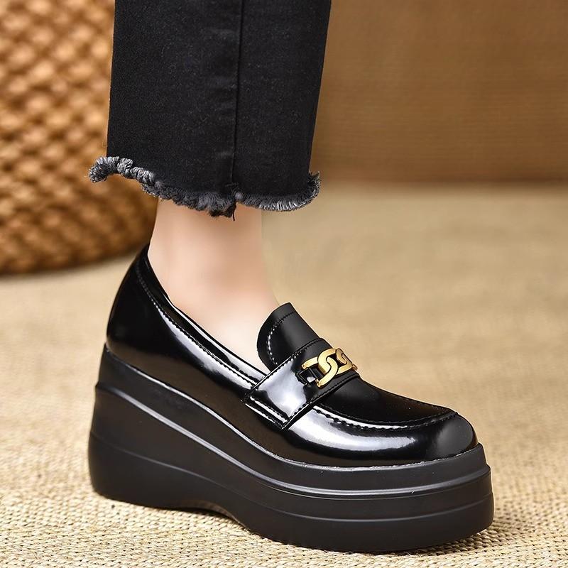 2025 New Handmade Women's Shoes 8cm Spring Wedge Heel Waterproof Table Heightened Thick-soled Retro Round Head Patent Leather Loafers