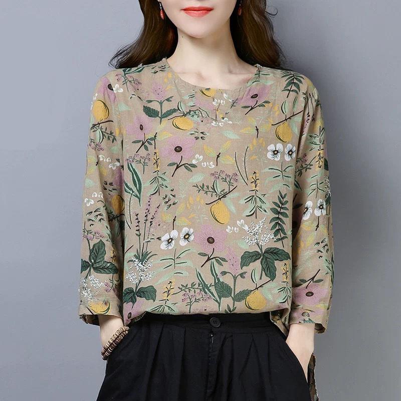 Floral Long-sleeved T-shirt Women's Spring and Autumn Models, Large Size Middle-aged Mothers, Western-style Bottoming Shirt, Literature and Art