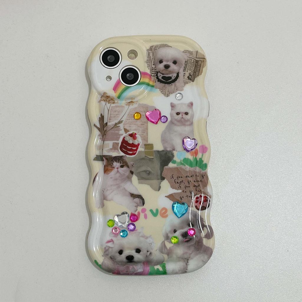 Ins Diy 3d Blingbling Crystal Relif Cartoon Dog Retro Cat Label Cover For Iphone 13 14 Pro Max 12 11 Promax Imd Wavy Phone Case