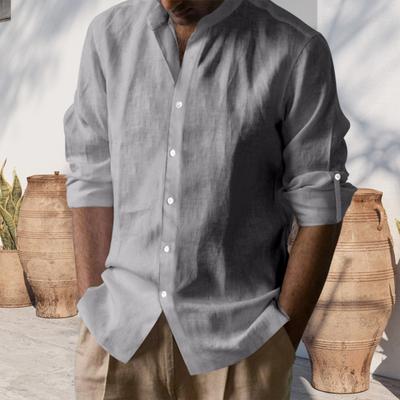 Men Cotton Shirt Long Sleeve Button Down Solid Color Shirt Henry Collar Casual Top with Adjustable Sleeves for Daily Wear Beach Vacation