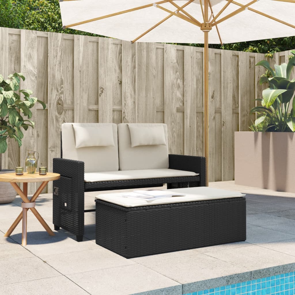 Vidaxl Folding Garden Bench With Cushions, Black, Poly Rattan