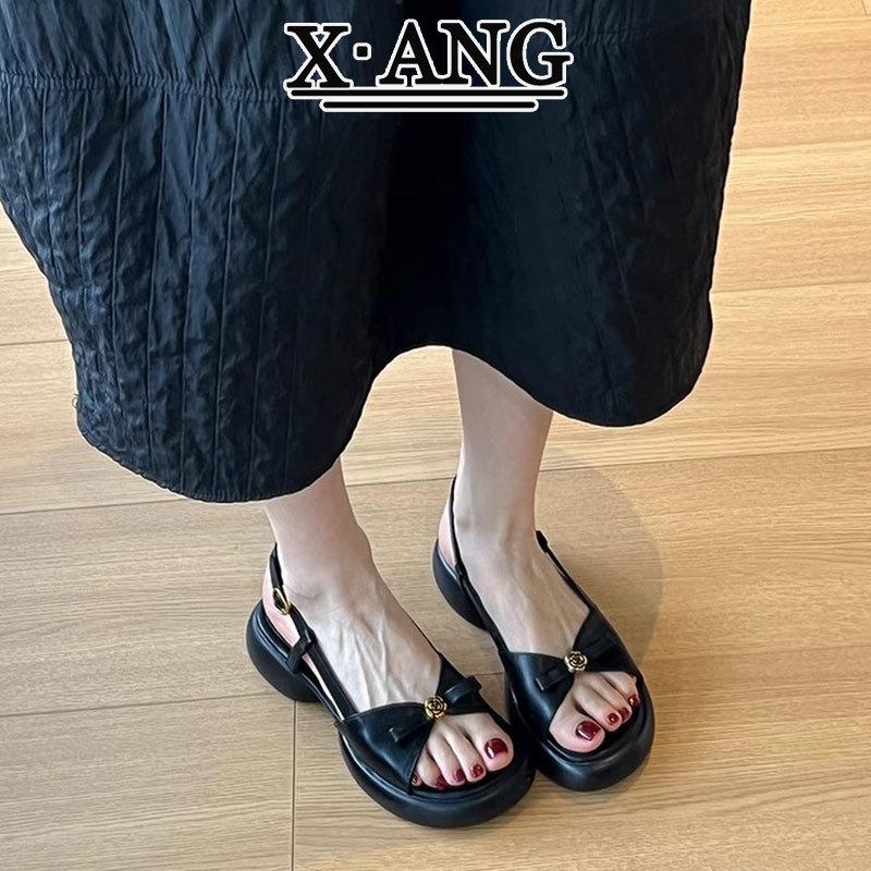 Super soft bottom first layer cowhide sandals women's summer wear with skirt thick heel with women's shoes