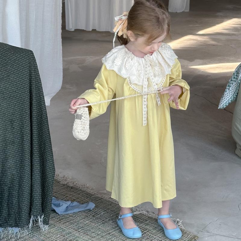 Spring 2025 Lace Collar Loose Fit Princess Dress for Girls