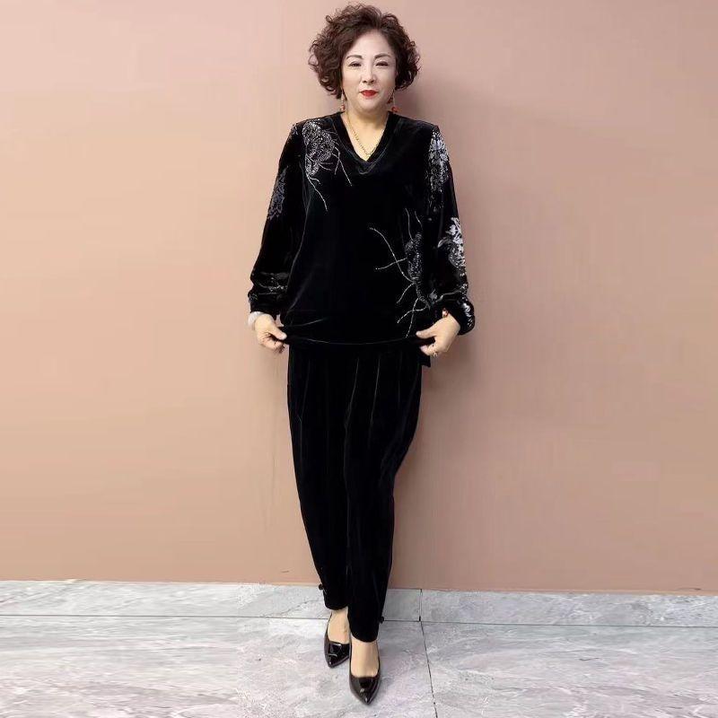 Ensemble Pantalon Automne Femme Broderie Grande Taille Chemisier Velours Taille Haute Pantalon Harem Velours Ensemble Deux Pièces