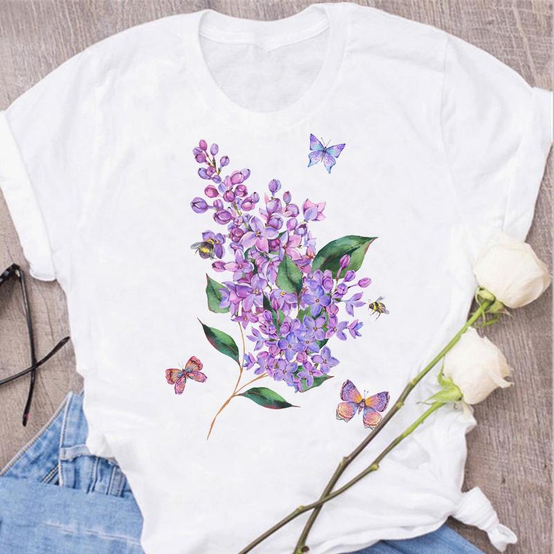 Women's Tops Fashion Flower Floral Print Lady T-shirt Casual Short Sleeve Aesthetic Clothes Shirt T-shirts Female Tops Tees