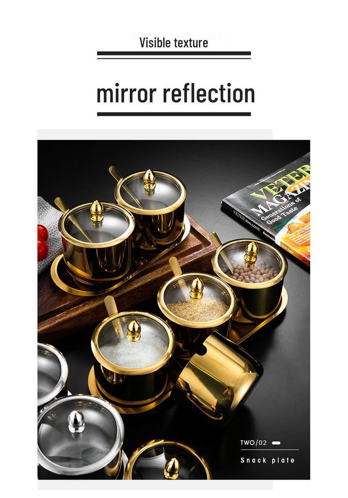Luxury Korean 304 Stainless Steel Spice Jars: Salt & Oil Jar with Spoon, Gold Accent