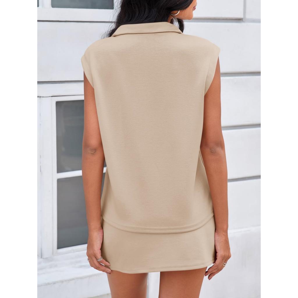 Women's Two-piece Dress Set, Summer Sleeveless Half Zipper Sports Hoodie, Sports Short Skirt Set