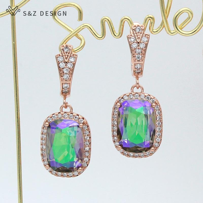 Fashion Elegant Rectangle Crystal Drop Earrings For Women Wedding Rose Gold Color Cubic Zirconia Eardrop Jewelry