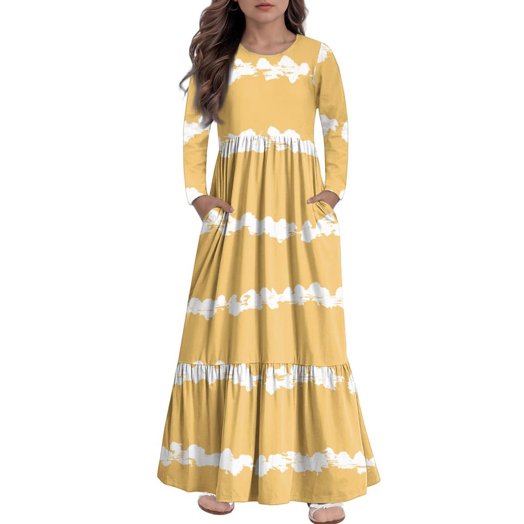 Maxikleid für Mädchen, lässige Urlaubskleider - Langarmkleid mit Taschen für 4-14J