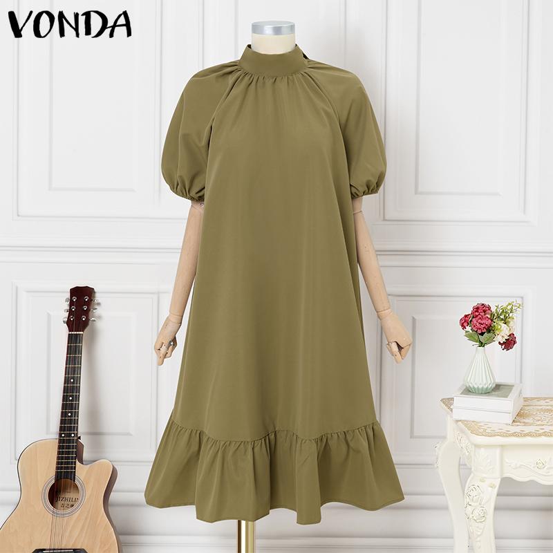 

VONDA Женское платье миди с воротником-стойкой, короткими рукавами, оборкой по подолу и бантом на спине XL армия зеленый