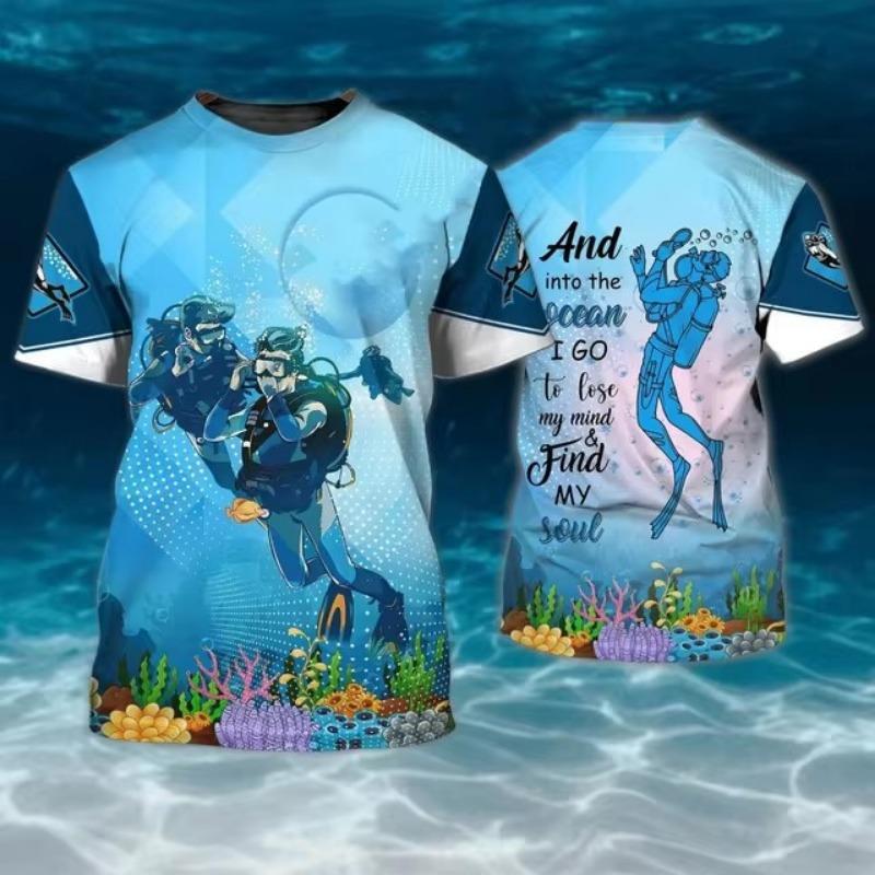 3D Diving Print Men's Novelty Short Sleeve Crew Neck T-shirt, Summer Outdoor
