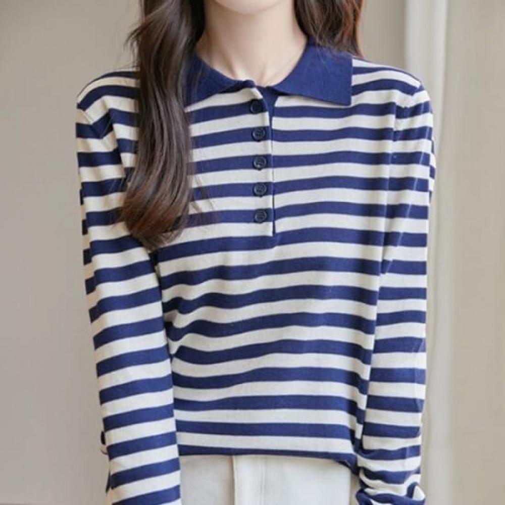 Navava Striped Button Collar Long Sleeve Knit Top Nk3135