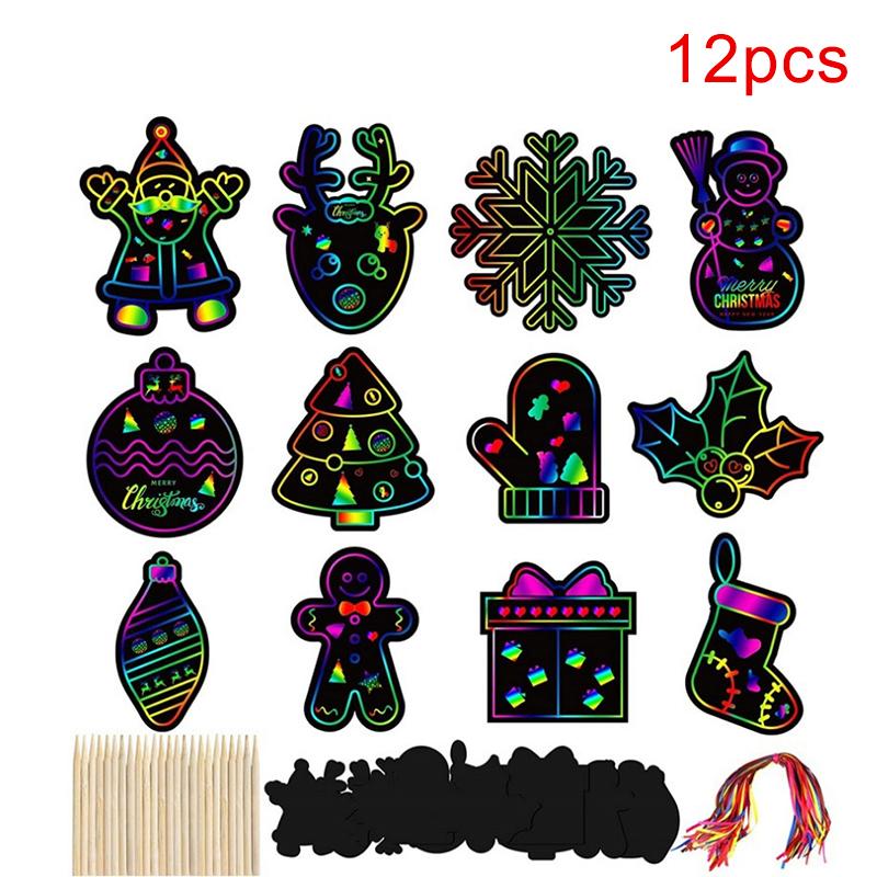 12/24/36Pcs Christmas Scratching Card DIY Art Painting Graffiti Art Christmas Tree Decoration Xmas Children Gift Festival Home Decor