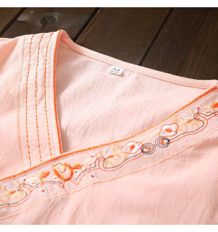 Women's Embroidered Loose Cotton Linen Blouse Cardigan - Tie-Up Spring/Summer Top
