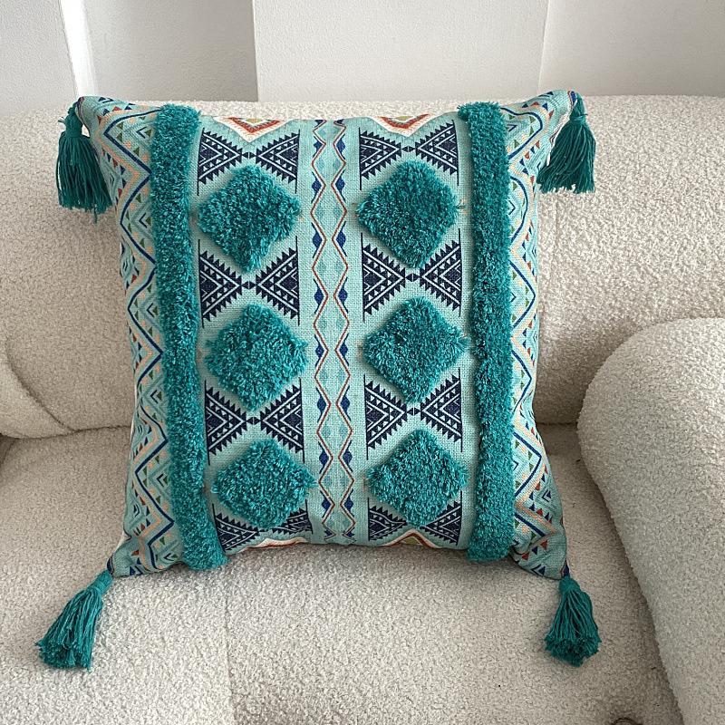 Boho Tufted Throw Pillow Cover with Handwoven Stripes Tribal Bohemian Cotton Hand Woven Tufted Square Cushion Covers JAF076