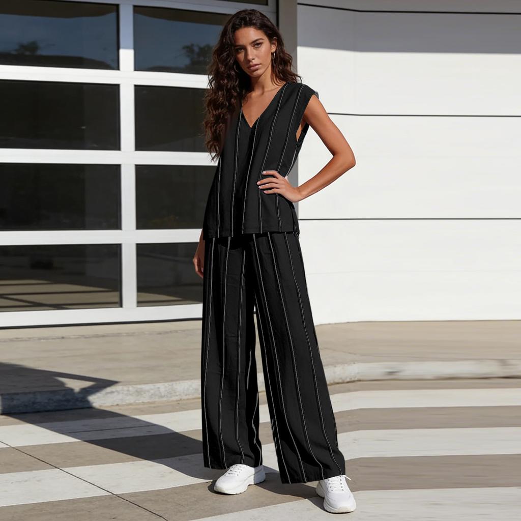 Conjunto Casual de Dos Piezas para Mujer con Top de Cuello en V sin Mangas y Pantalones de Pierna Ancha con Estampado de Rayas Ligero para Verano