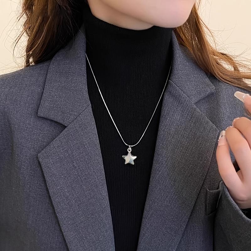 Простое ажурное пятиконечное звездчатое длинное колье в форме капли, идеальный выбор для Нового года и Дня святого Валентина. металлик серебряный