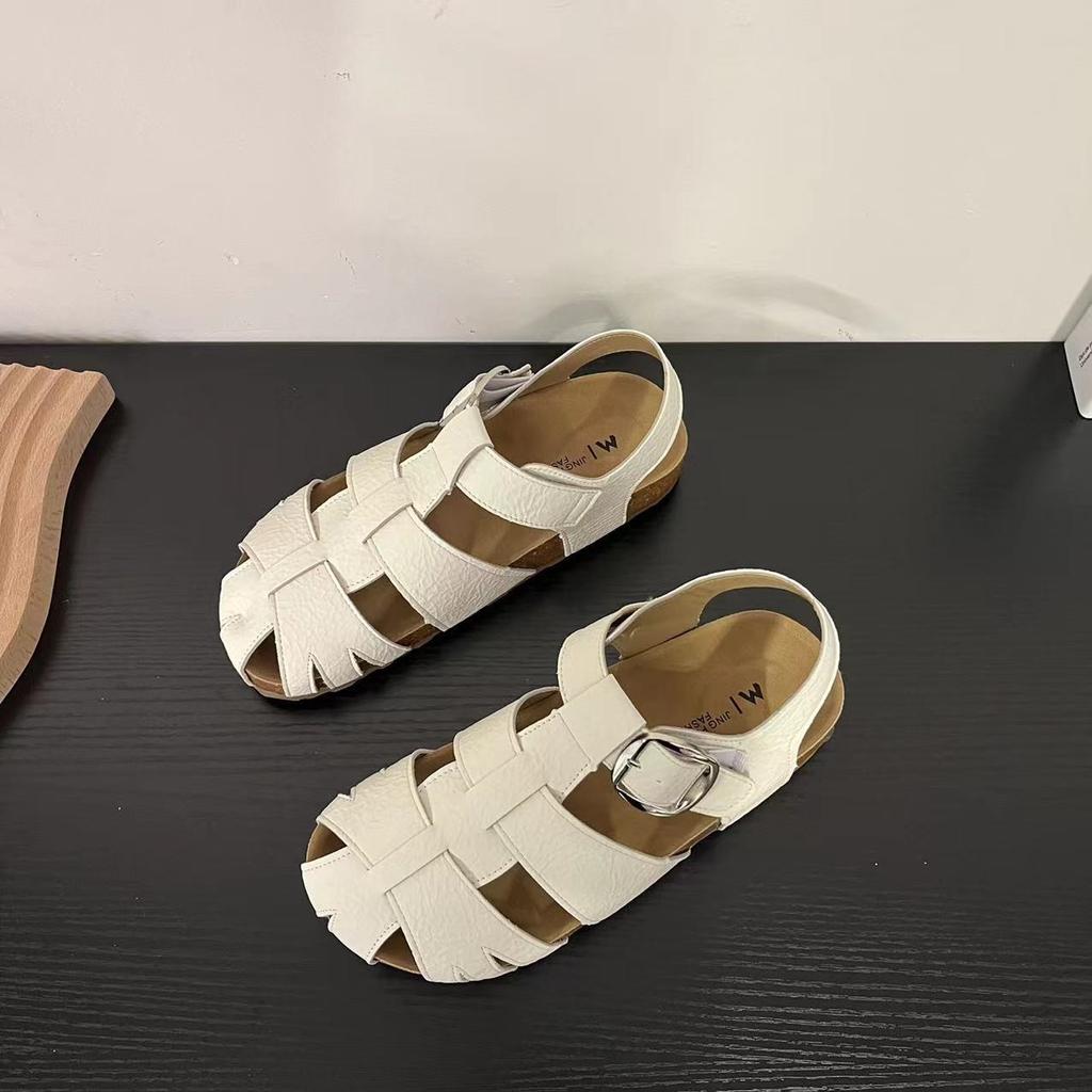 Fashion Women's Solid Color Retro Flat Sandals Summer Hollow Woven Baotou Roman Beach Shoes Versatile Soft Bottom Hole Shoes for Women