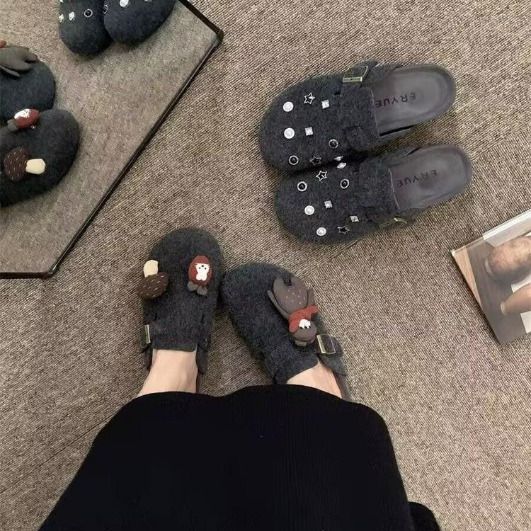 Mori woolen rivets rhinestone platform Birkenstocks women's new retro baotou half slippers women's outer slippers