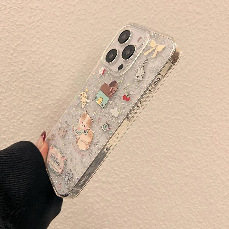Fun and Cute Animals Are Suitable for Apple 16/17 Mobile Phone Case iPhone15 Silver Foil 13 Glitter 14 Large Holes IMD12