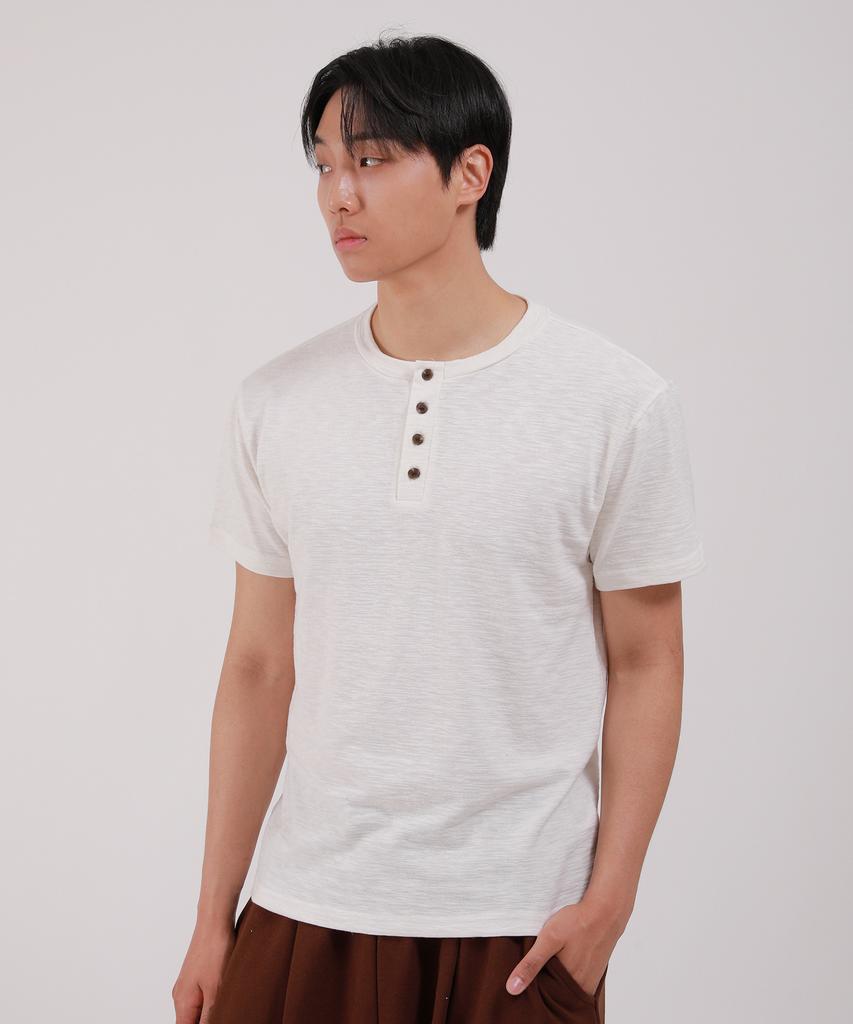 Dibellobeu Slub Henley Neck Short Sleeve T-Shirt_Ivory