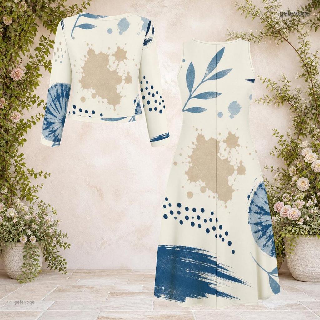Women Plus Size Beige Black Printed Two Piece Set Round Neck Long Sleeve Cropped Cardigan Sleeveless Midi Dress