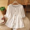 Women Loose Fit Short Sleeve Embroidered Cotton Linen Summer Shirt