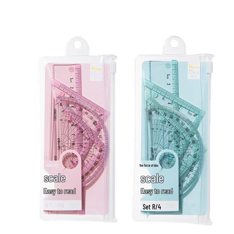Deli 79511 Transparent Ruler & Protractor Set - 4-Piece Student Drafting Tools