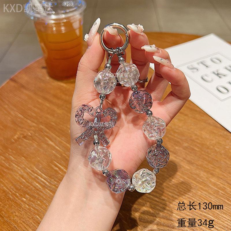 Crystal Transparent Bowknot Beaded Exquisite Flower Short Wrist Pendant Phone Case Earphone Bag Accessories Keychain