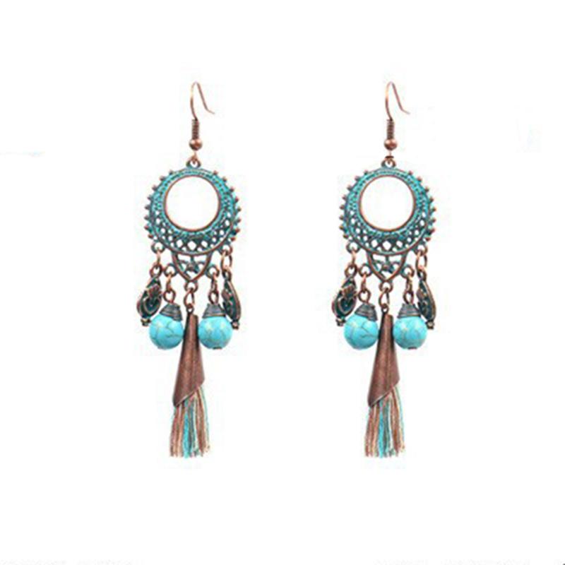Fashion Vintage Ethnic Bohemian Drop Dangle Earrings For Women Tassel Beaded Turquoise Geometric Flower Boho Cotton Wire Earring