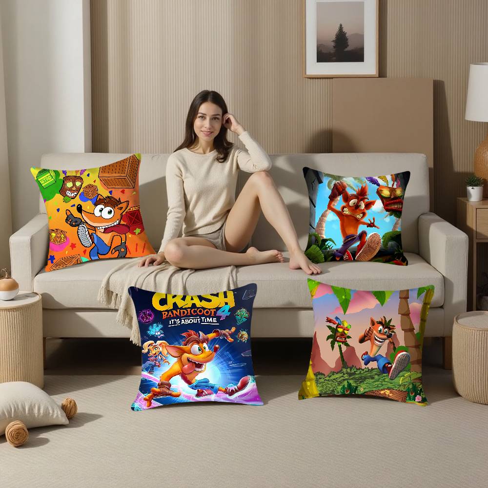 Game C-Crash B-Bandicoot Pillow Case Square Double‑Sided Print Cushion Case For Sofa Home Bedchamber Decor Gift