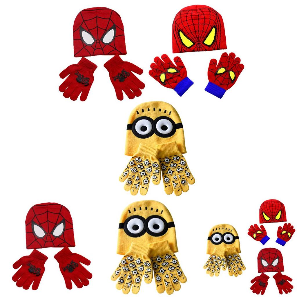 Stylish Children's Spiderman Minions Knitted Hat And Gloves Winter Warm Suit