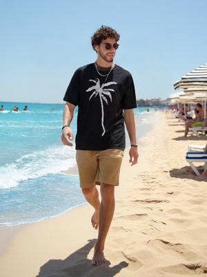 IKALOOK Palm Tree Cotton Blend Short Sleeve T-Shirt Astee113A