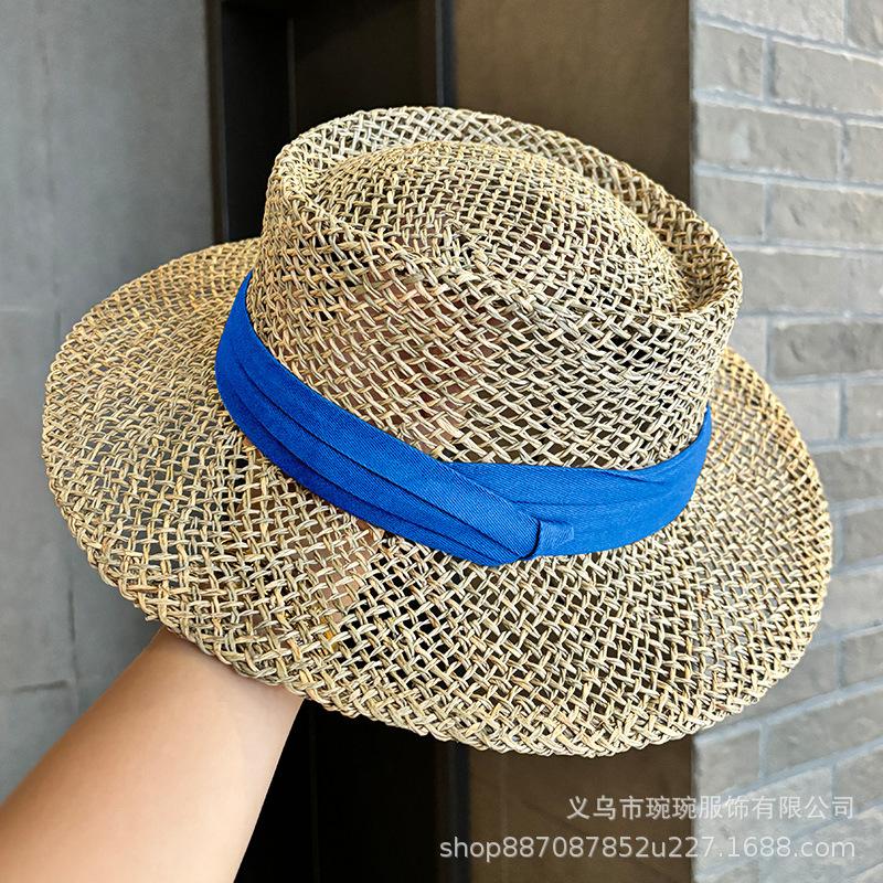 New Salty Grass Hat Women's Summer Outing Visor Hand-woven Hollow French Flat Top Hat