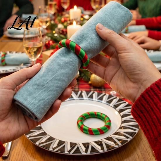 Holiday Table Decor Christmas Red Green Striped Napkin Rings Handwoven Fabric Holder Festive Dining Accessories for Setting Party Dinners And Hotel