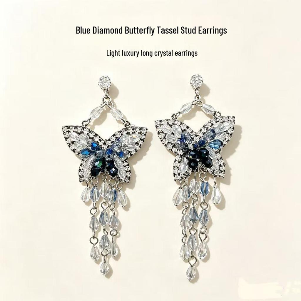 Silver Needle Crystal Beaded Butterfly Tassel Earrings - Elegant, Retro, and Fashionable Niche Jewelry for Women.