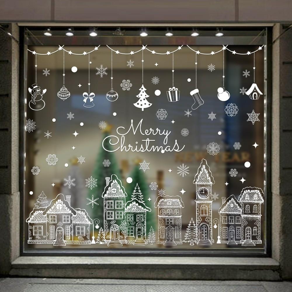 White Castle Christmas Window Sticker Self Adhesive Glass Stickers Shopping Mall