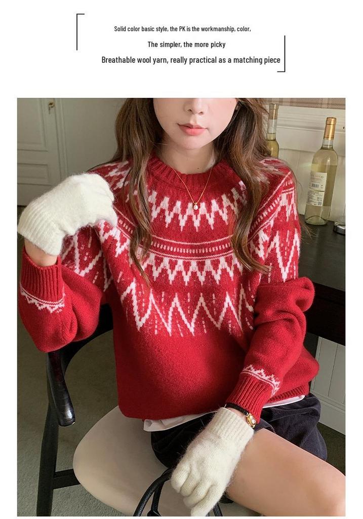 Women's Heavyweight Pure Wool Fair Isle Sweater - Retro, Soft, and Loose Fit for Autumn & Winter