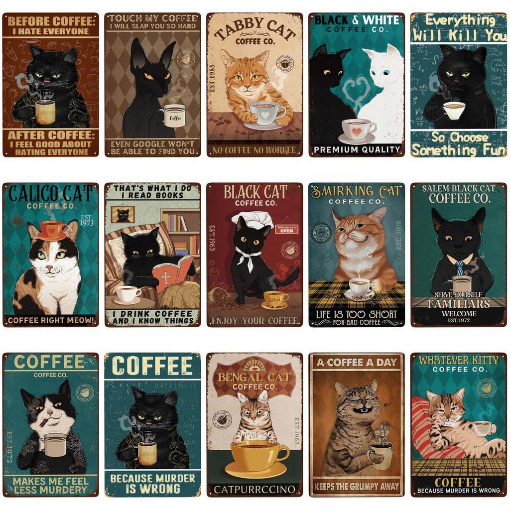 Mfoever Retro Cat Coffee Metal Sign Vintage A Coffee A Day Keeps The Grumpy Away for Home Coffee Shop Bar Wall Decor X Inch