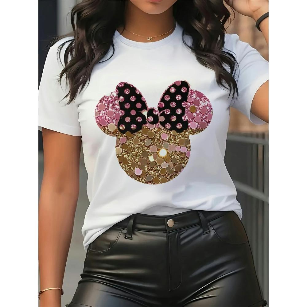 

Women Pink Glitter Mickey Mouse TShirt Round Neck Short Sleeve Casual TShirt Bow Tie Detail Soft LooseFit Cotton Shirt Y2K Top S