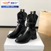 Pleated Western Boots Thick Heel Mid Boots Shoes Women's Shoes Autumn New British Style Stacking Boots Mid Heel Fashion Boots