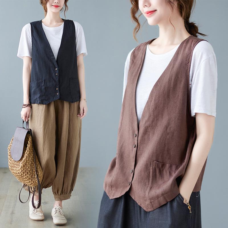 2025 Summer Women's Solid Color Sleeveless Cotton Linen V-Neck Vest
