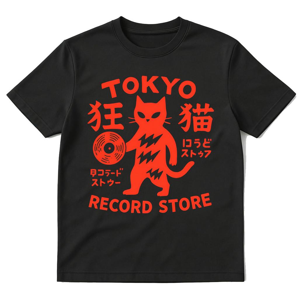 Tokyo Record Store Cat Vinyl Record Player Rock Dj Band Japanese Funny Tshirts Unisex Unisex Clothing Cotton Short Sleeve T Shirts