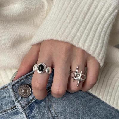 Cold Style Black Onyx Simple Ring Female Open Adjustable Niche Advanced Sense Light Luxury Pair Rings Casual Everyday Dainty Minimalist Ring