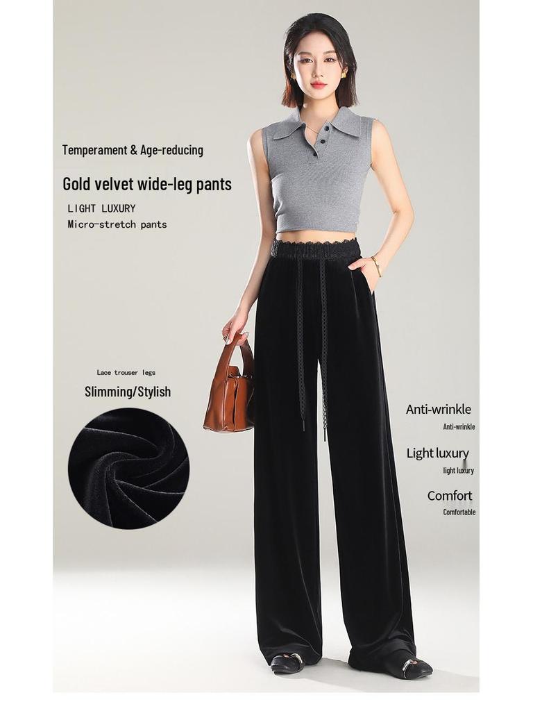 Women's High-Waist Golden Velvet Wide-Leg Pants - Spring/Summer 2026 Collection, Fashionable Black Drapey Casual Style.