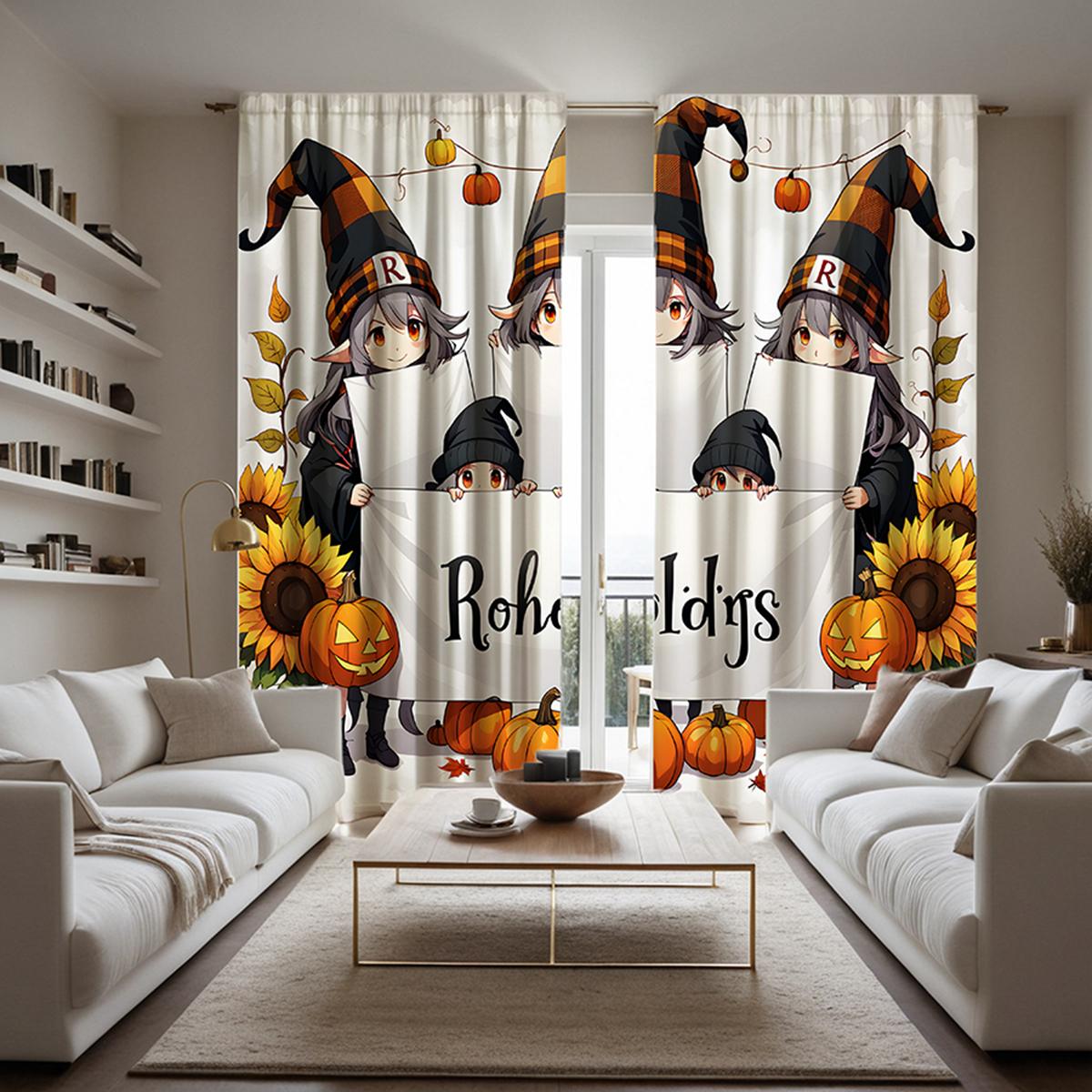 

2 шт. HD Рождественская гномья деревня тыква декоративная занавеска Желтая завязка цифровая печать занавеска Домашнее украшение стиль Decoratio W52H63inchW132H160cm