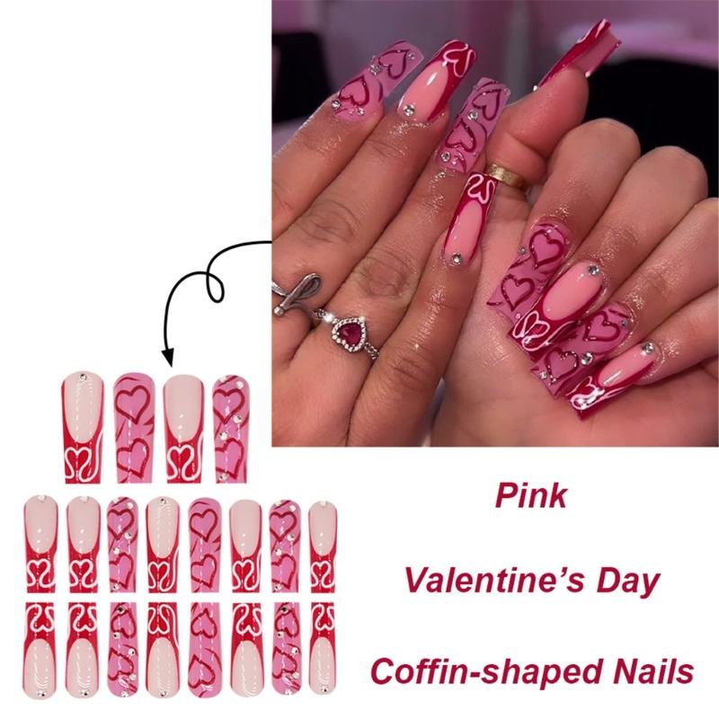 24 Pcs Coffin Shaped Artificial Nail Gradient Heart Stick On Nail Valentines Day False Nail French Tip Press On Nail