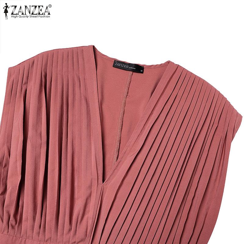 ZANZEA Women Summer Casual V-Neck Short Sleeve Loose Pleated Dress