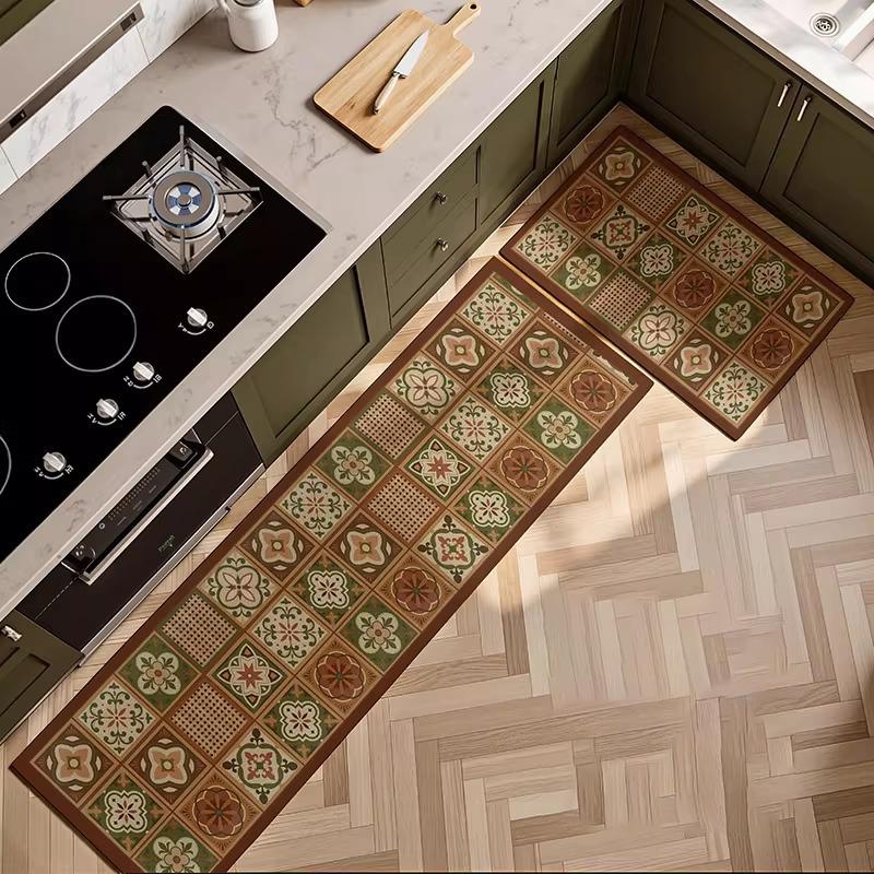 Kitchen Carpet PVC Leather Waterproof Oil-proof Non-slip Floor Mat Retro Print Rug Long Size Rugs Home Decor Alfombra De Cocina